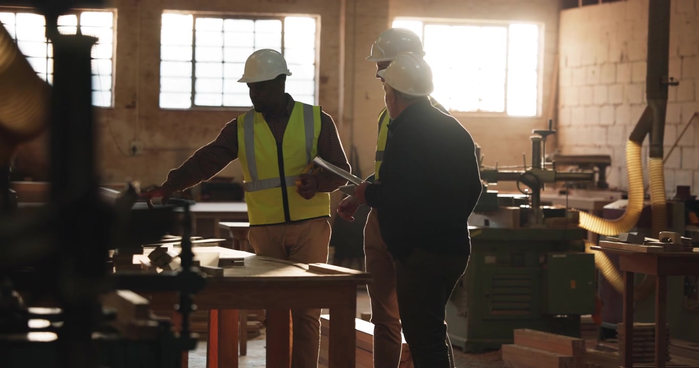 Construction Managers Discussing Project Plans in a Woodworking Workshop