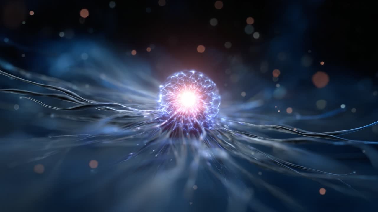 Una sfera luminosa circondata da flussi di luce energici, che illustrano le dinamiche di energia e movimento in una colorata visualizzazione astratta
