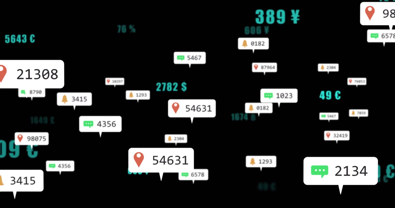 Opening black screen starting teal currency drifting with chat, pin, bell icons showing data flow
