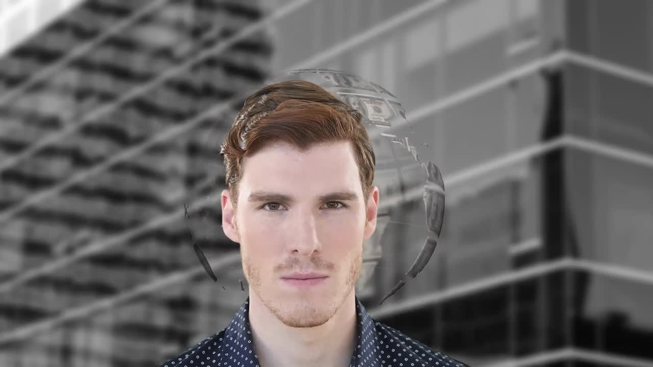 анимация глобуса сформирована с американскими долларами над кавказским бизнесменом