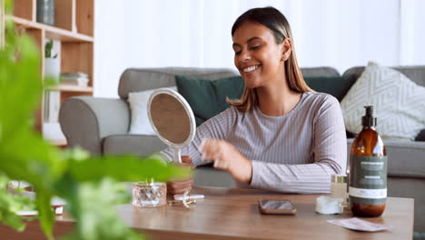 happy, woman and mirror in living room with hair