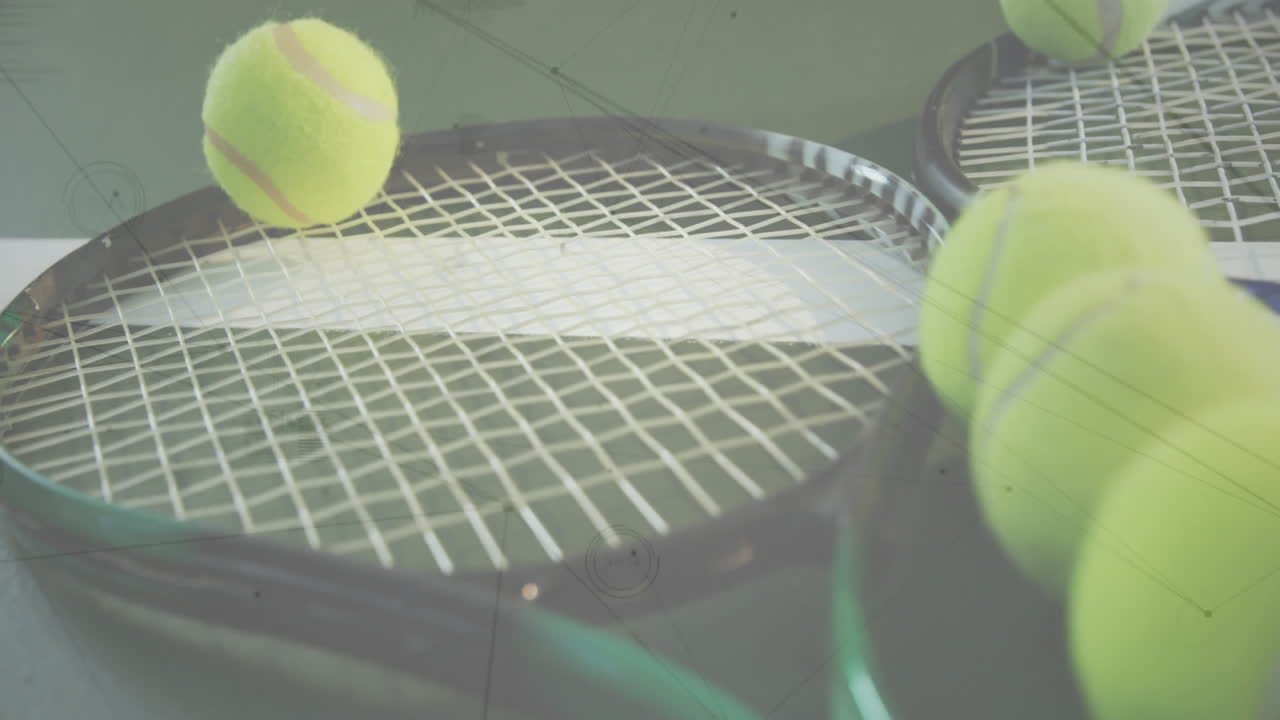 Two tennis rackets lying on smooth green surface, yellow ball hovering above strings, flat design