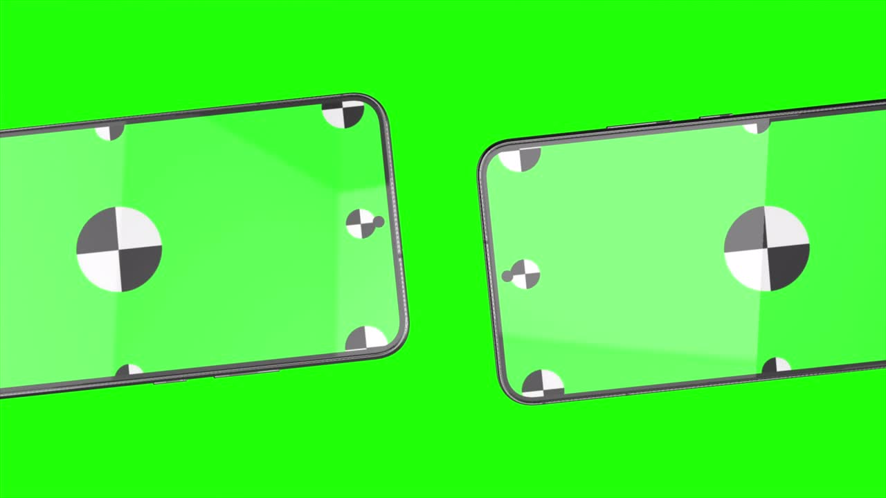 초록색 배경을 가진 두 개의 스마트 폰의 3d 렌더링, 화면에서 회전, 쉽게 키를 기 위해 초록색 화면, 컴퓨터 생성 이미지, 쉽게 사용자 정의.