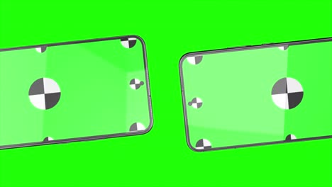 3d render of two smartphone with a green background. rotating in screen. with a green screen for easy keying. computer generated image. easy customizable.