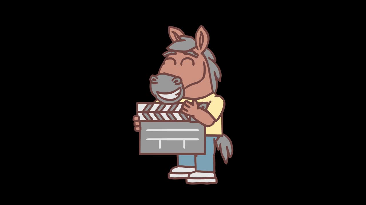 personaje de caballo sosteniendo clapperboard y sonriendo. cuadro por cuadro de animación. canal alfa