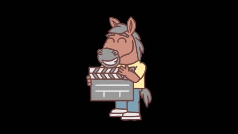 horse character holding clapperboard and smiling. frame by frame animation. alpha channel