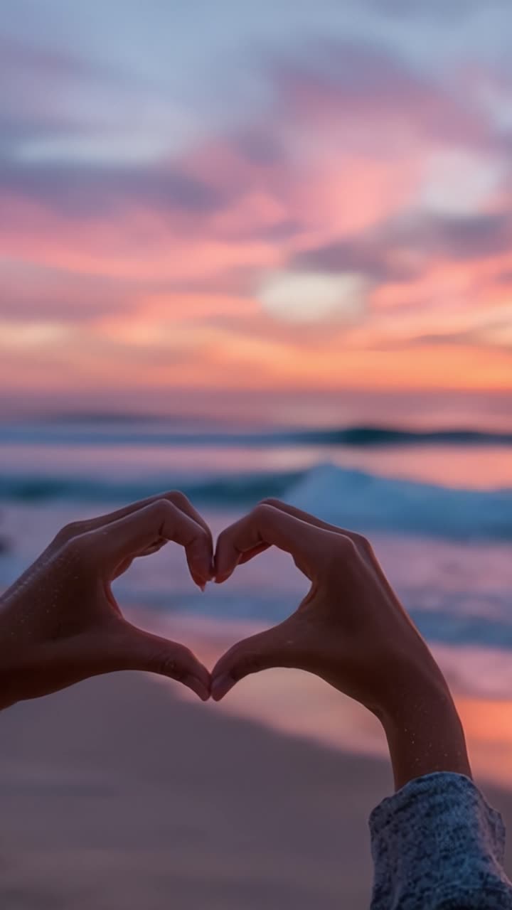 Un sereno momento al tramonto catturato da mani che formano un cuore contro uno splendido sfondo di cielo e oceano, evocando sentimenti di amore e pace