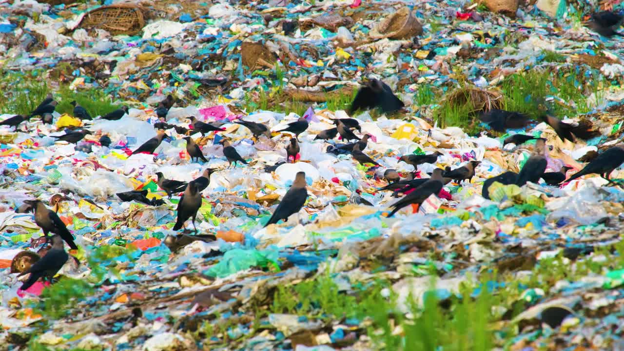 Flock of Crows Eating From Plastic Hazardous Garbage Landfill Waste