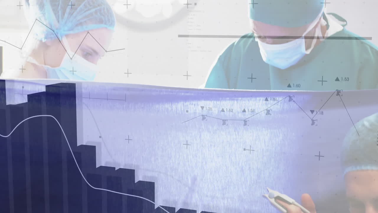 two surgeons performing surgery in health tech operating room, displaying live analytics overlays