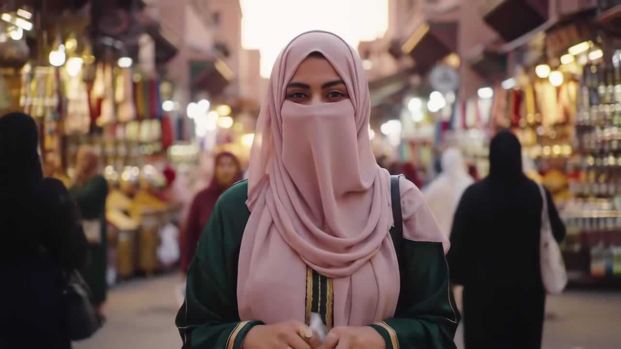 Young muslim woman wearing traditional niqab and abaya browsing through marketplace, opening small bag while standing amid bustling crowd of local vendors and shoppers