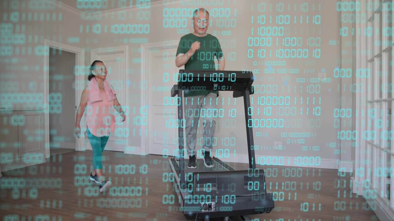 Mature man starting treadmill, walking for health, woman pointing console under cyan binary overlay