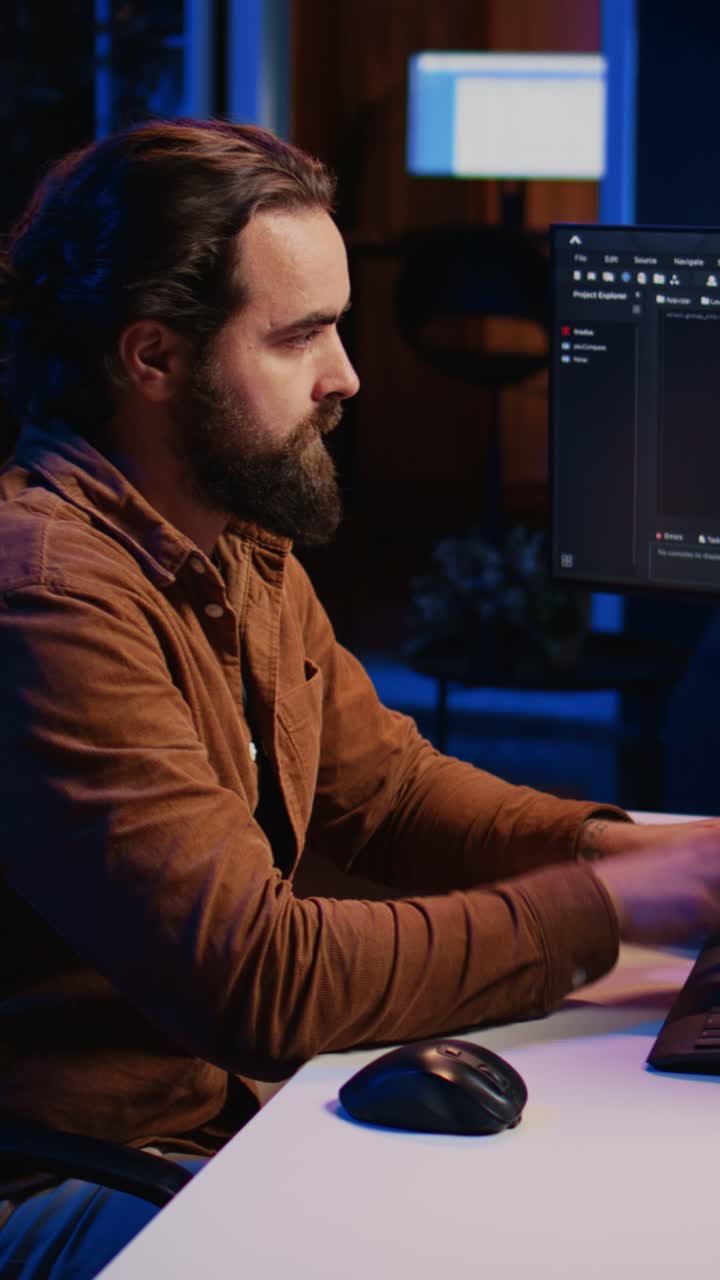Focused Programmer Working on Computer Code in Dark Office
