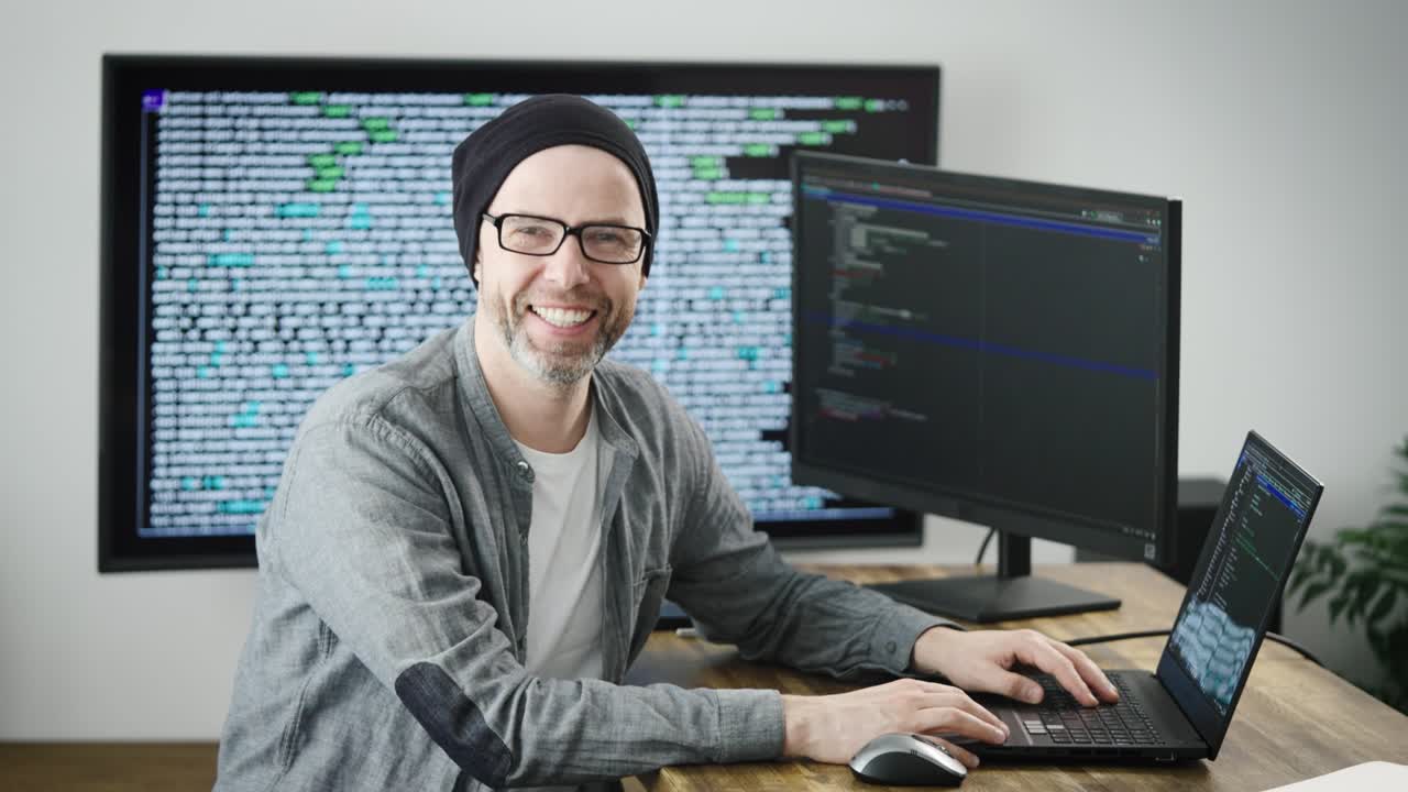 Portrait of an adult man in the workplace. The programmer smiles and looks into the camera. Positive and self-confident employee of the company