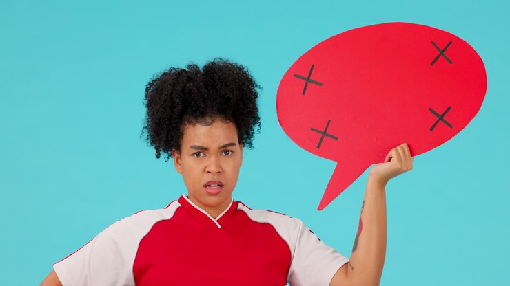 Angry, woman athlete and blank speech bubble