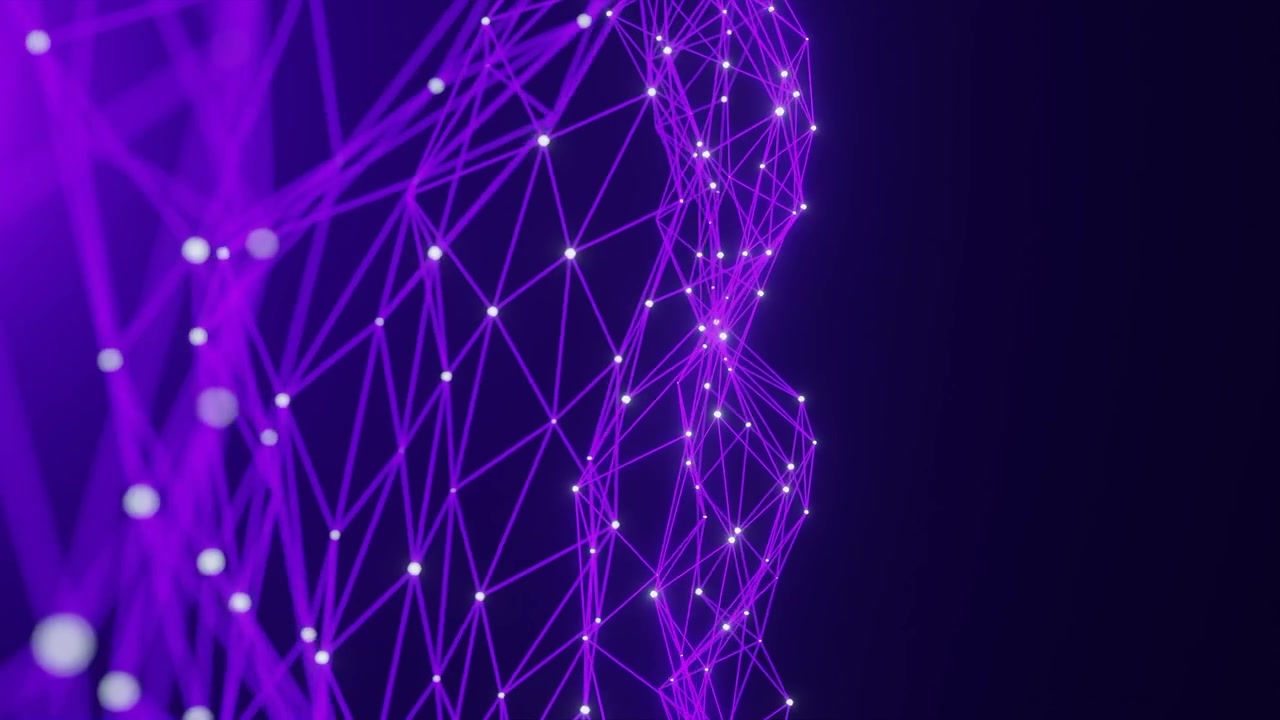 Rete astratta viola di punti e linee luminosi connessi su uno sfondo scuro. Concetto di design digitale futuristico per la tecnologia e la visualizzazione dei dati. Rendering 3D con spazio per il testo