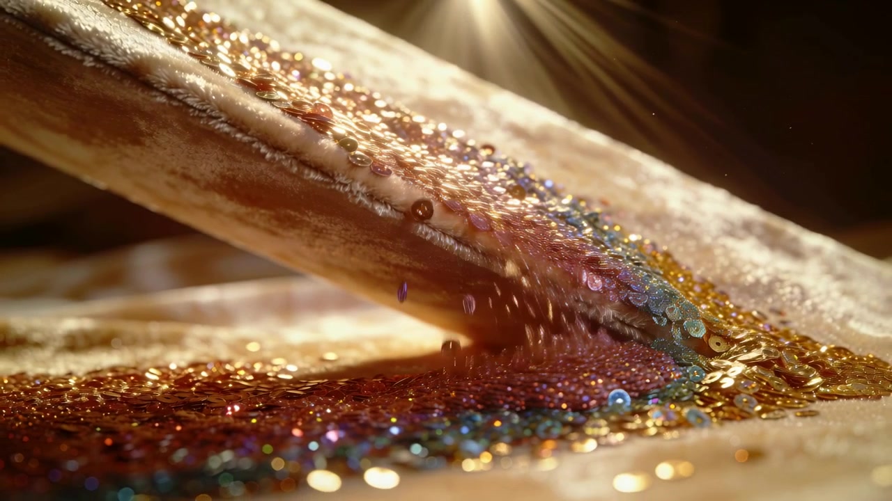 Rilascio di una piega metallica superiore che fa cadere paillettes multicolori in una fessura a forma di V, formando un mucchio