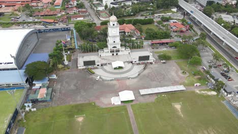 dolly shot from an aerial drone of jam besar dataran injohor bahru, malaysia