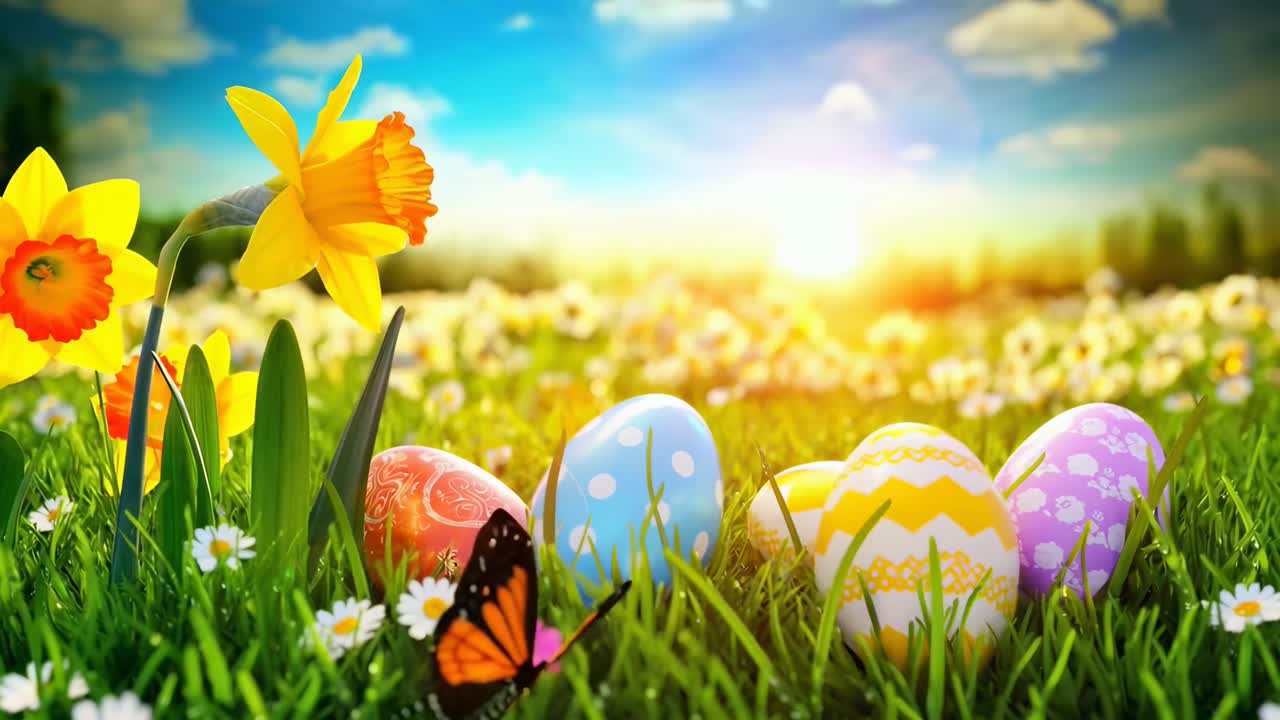 Vibrant Easter eggs in a sunny field, low-angle view. Perfect for a spring-themed video. Live