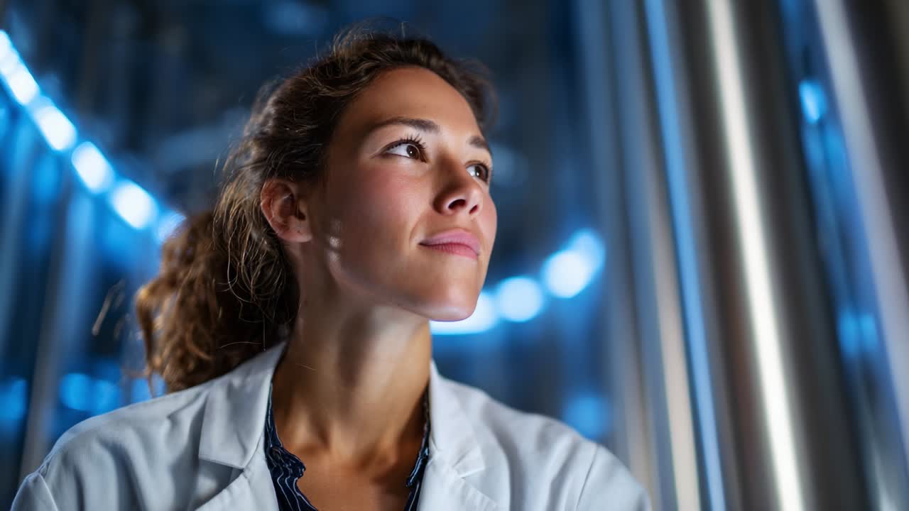 A contemplative scientist gazing into the distance, reflecting on her research amidst high-tech surroundings illuminated by blue lights, showcasing her dedication and inquisitive mindset in a laboratory environment
