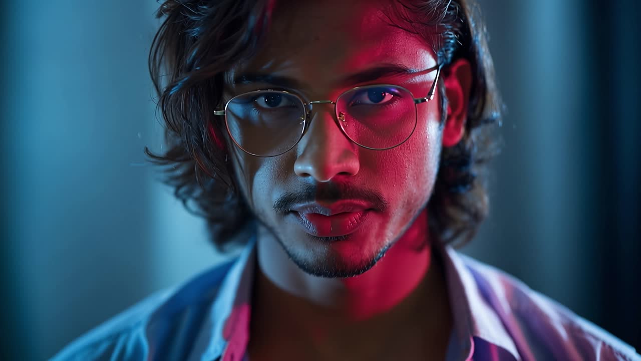 Red light casts glow on young man's face. He wears round glasses and stares forward. His expression is focused, slightly intense. Cinematic lighting adds moody, modern atmosphere