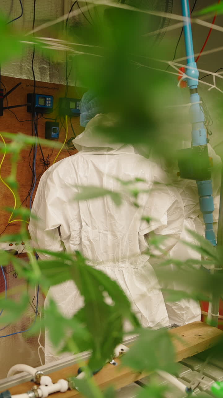Trabajadores con trajes de protección inspeccionando equipos en un cuarto de cultivo de cannabis