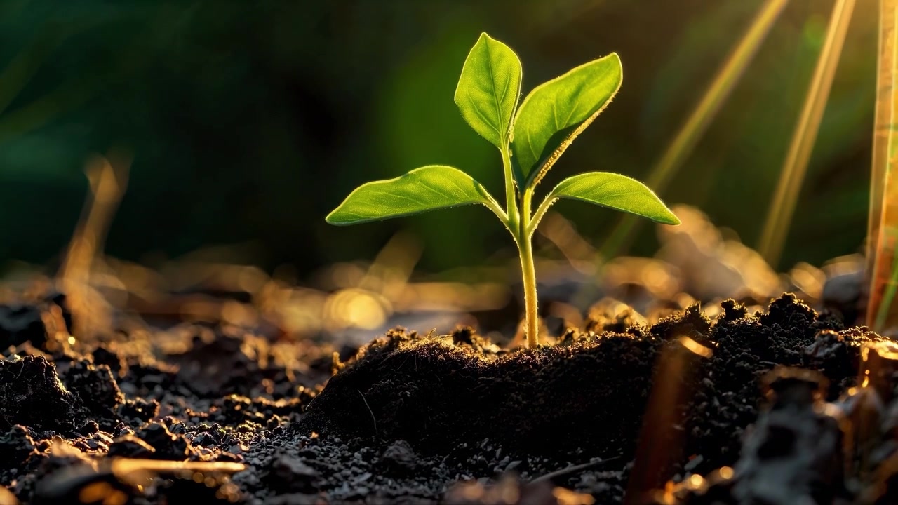 Ung grøn plante, der spirer frem i jord med gyldent sollys