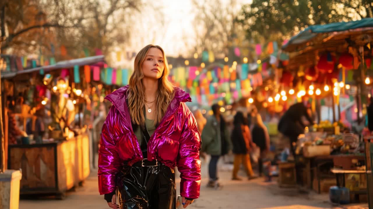 A young woman confidently walks through a vibrant market at sunset, showcasing her stylish pink puffer jacket and striking presence against colorful decorations and warm lighting, capturing a moment of urban elegance