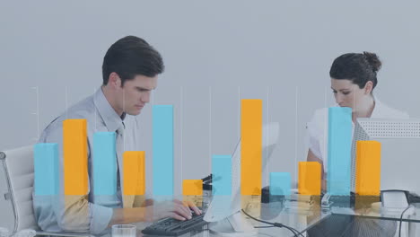 animation of bar graph over caucasian coworkers working on computer in office