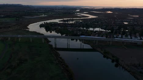 Panning-up-drone-shot-of-the-bay-area-outside-of-napa-valley,-california