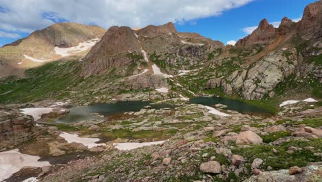 Sunlight-Windom-Peak-Silverton-summer-morning-glacier-Twin-Lakes-Chicago-Basin-Colorado-Silverton-San-Juan-Range-Rocky-Mountains-snowmelt-Mount-Eulos-fourteeners-July-blue-sky-clouds-pan-up-reveal