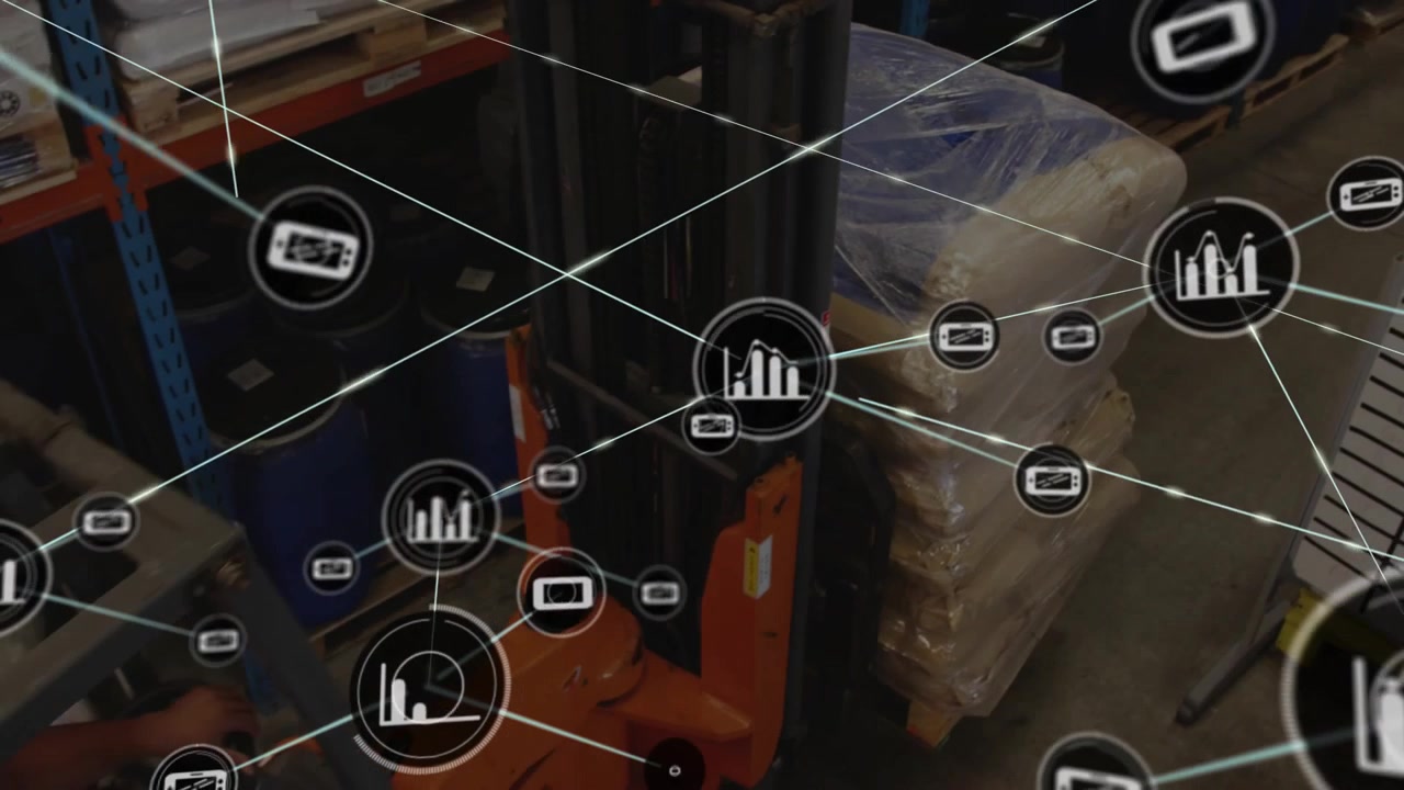 Forklift moving pallets in warehouse, logistics and inventory management animation
