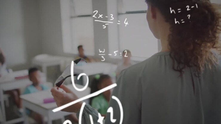 Animation of maths calculations over diverse female teacher holding glasses and pupils in class