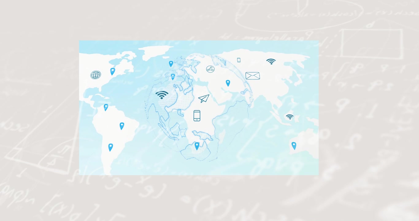 Opening blue world map fading, pins popping, icons appearing, outline swirling, emphasizing network