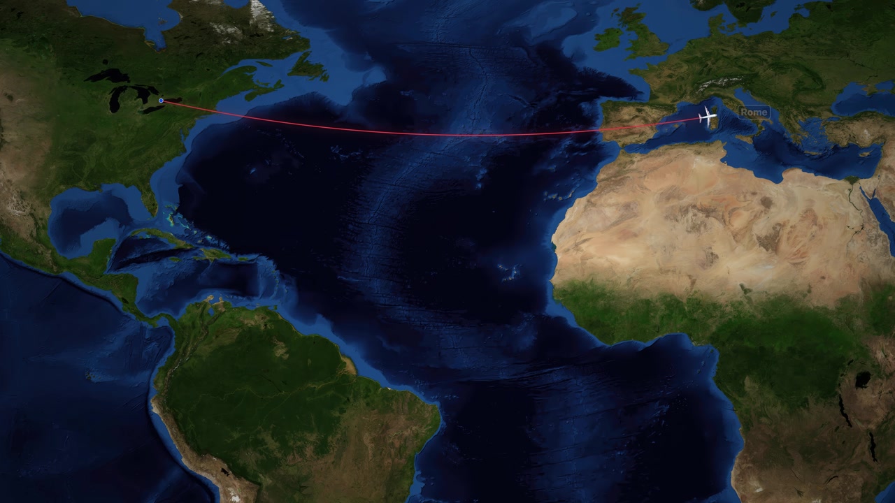 Animated Flight Path of an Airplane from Toronto to Rome