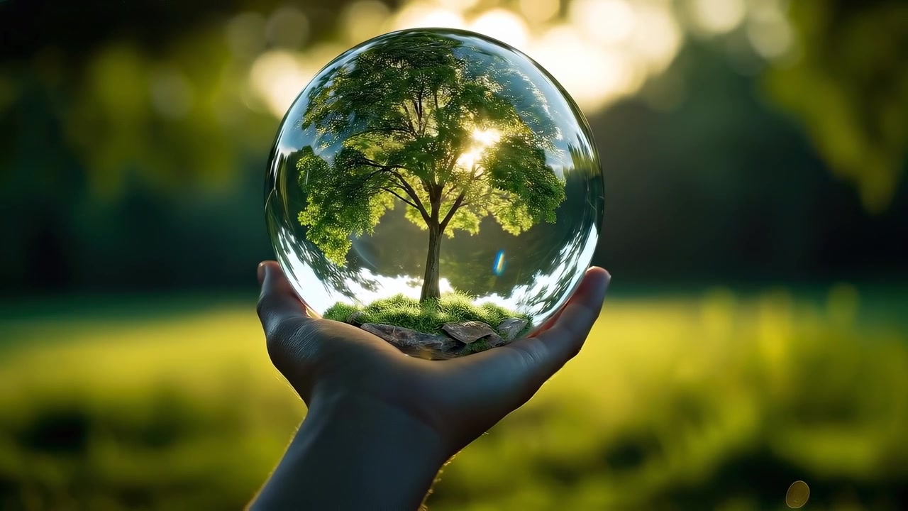 Mano sosteniendo una esfera de cristal con un árbol verde y un destello solar