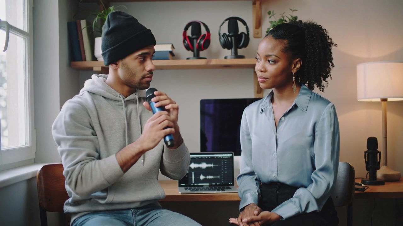 Lifting mic, man in beanie hoodie testing audio, signaling cohost at home studio laptop waveform
