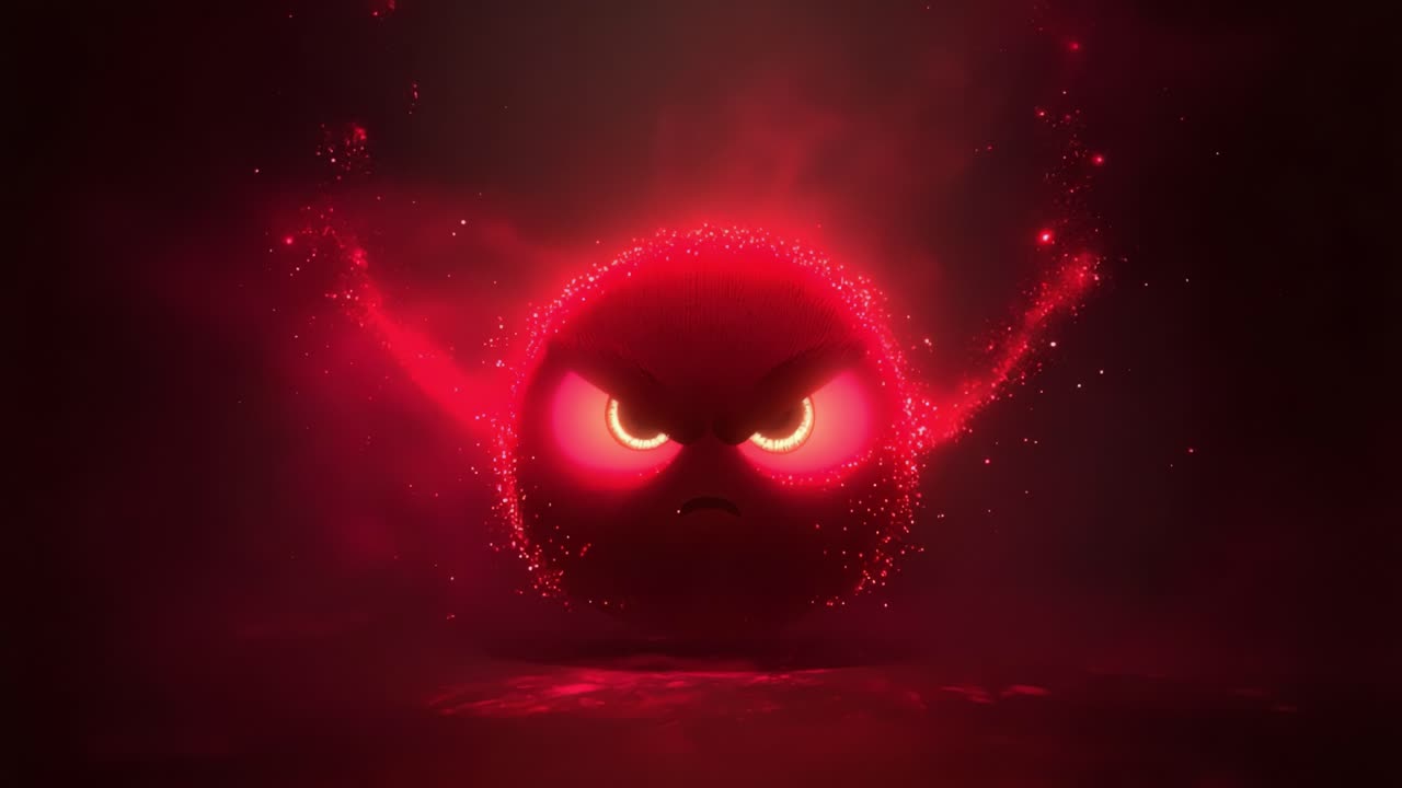 An intense and vibrant representation of anger, showcasing a fiery red sphere with glowing eyes and a fierce expression, surrounded by swirling particles and glowing energy