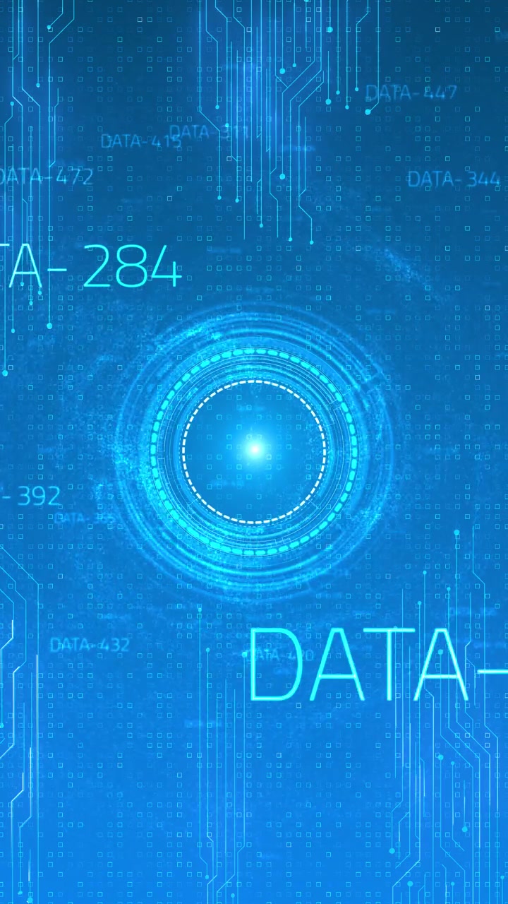 Cyan digital hud data scanner background with glowing circular rings circuit traces square particles