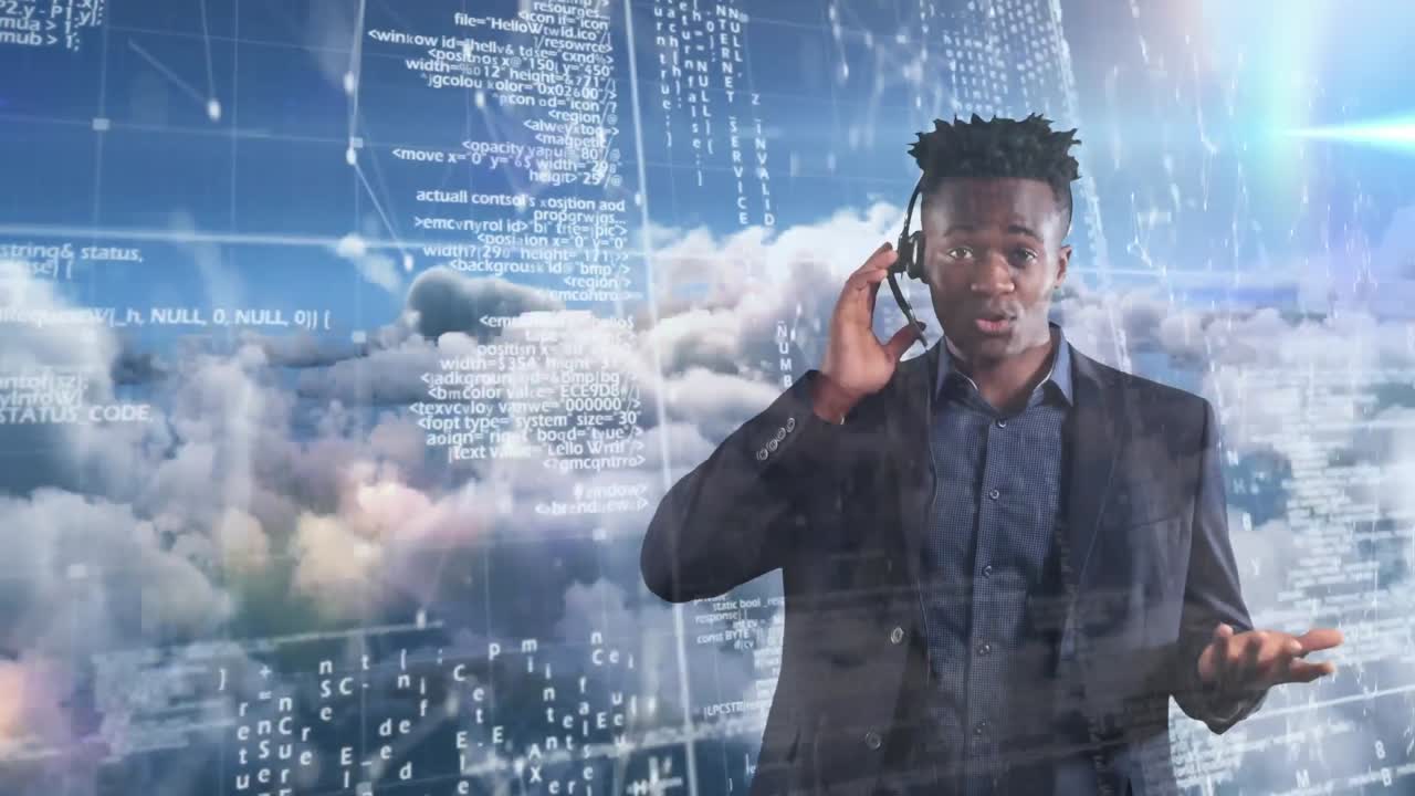 Animation of businessman talking on phone headset with network of connections and data processing