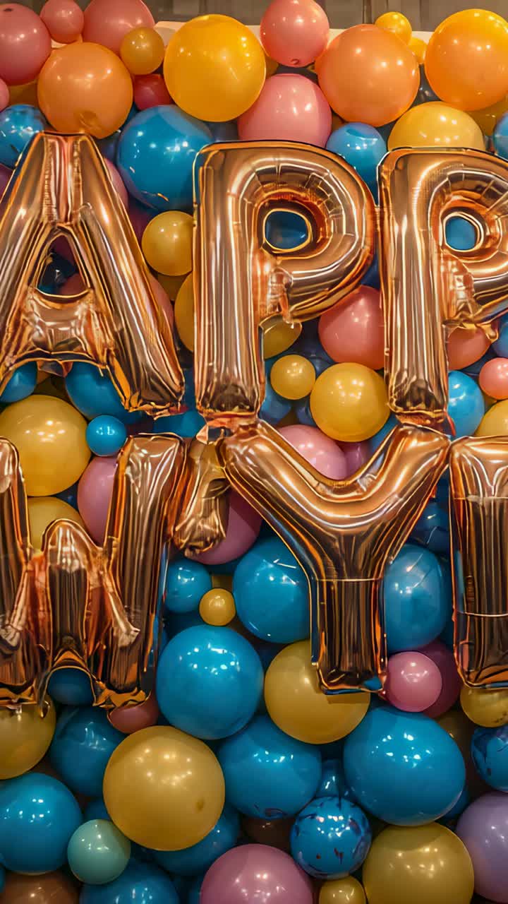 Vertical video: Shifting camera framing balloon wall at party showing rose-gold letters