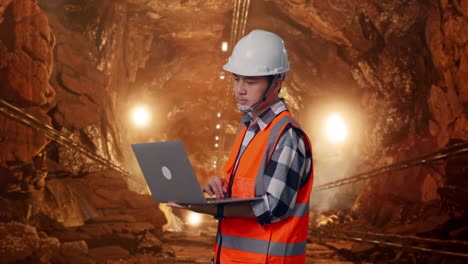 Side View Of Asian Male Engineer With Safety Helmet Working On A Laptop While Standing In Underground Mine Tunnel