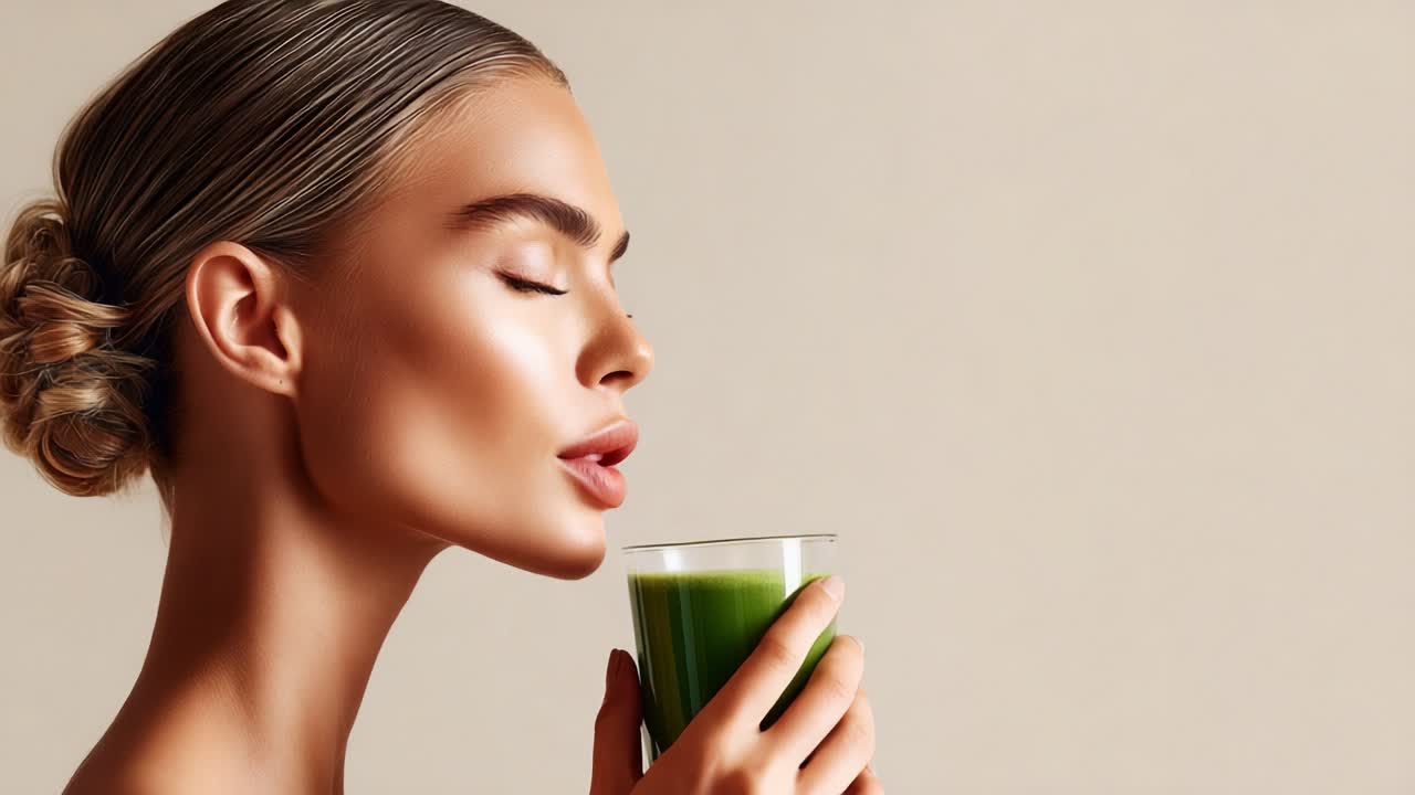 Captivating Beauty: A Graceful Model Enjoying a Refreshing Green Drink While Lost in Thought, Highlighting the Essence of Wellness and Self-Care in a Simple Yet Elegant Setting