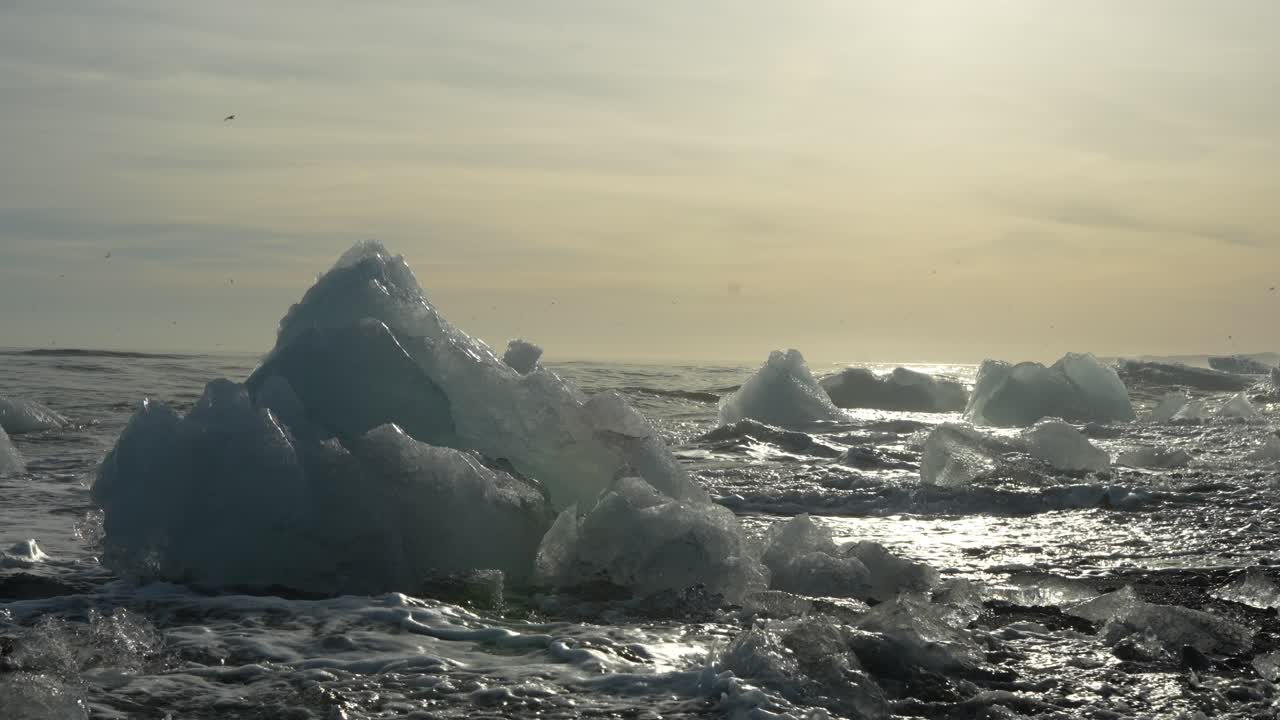 Slow-motion footage of waves crashing onto glacier ice chunks scattered across the black sand of Diamond Beach, Iceland. Captures the raw power and ephemeral beauty of the arctic coast