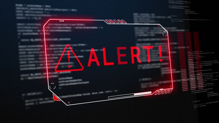 Sistema di allerta sicurezza, avviso malware rilevato, testo animato su schermo, attacco informatico, dati