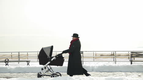 woman pushing stroller on coney island boardwalk