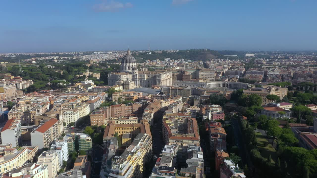 Aerial view captures St. Peter’s Basilica, its majestic dome, and the vast Piazza San Pietro, symbolizing the heart of the Catholic Church and Rome’s timeless beauty