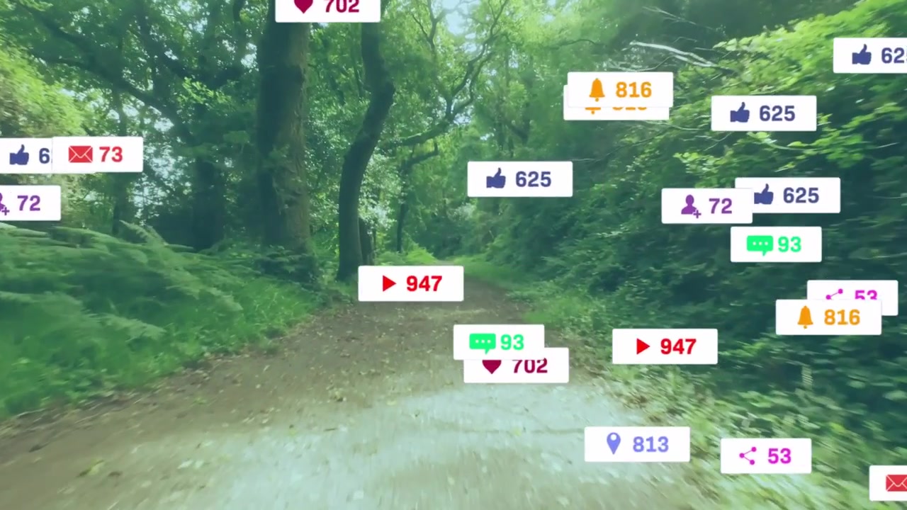 Camera moving forward along trail icons popping right growing drifting then fading showing clutter