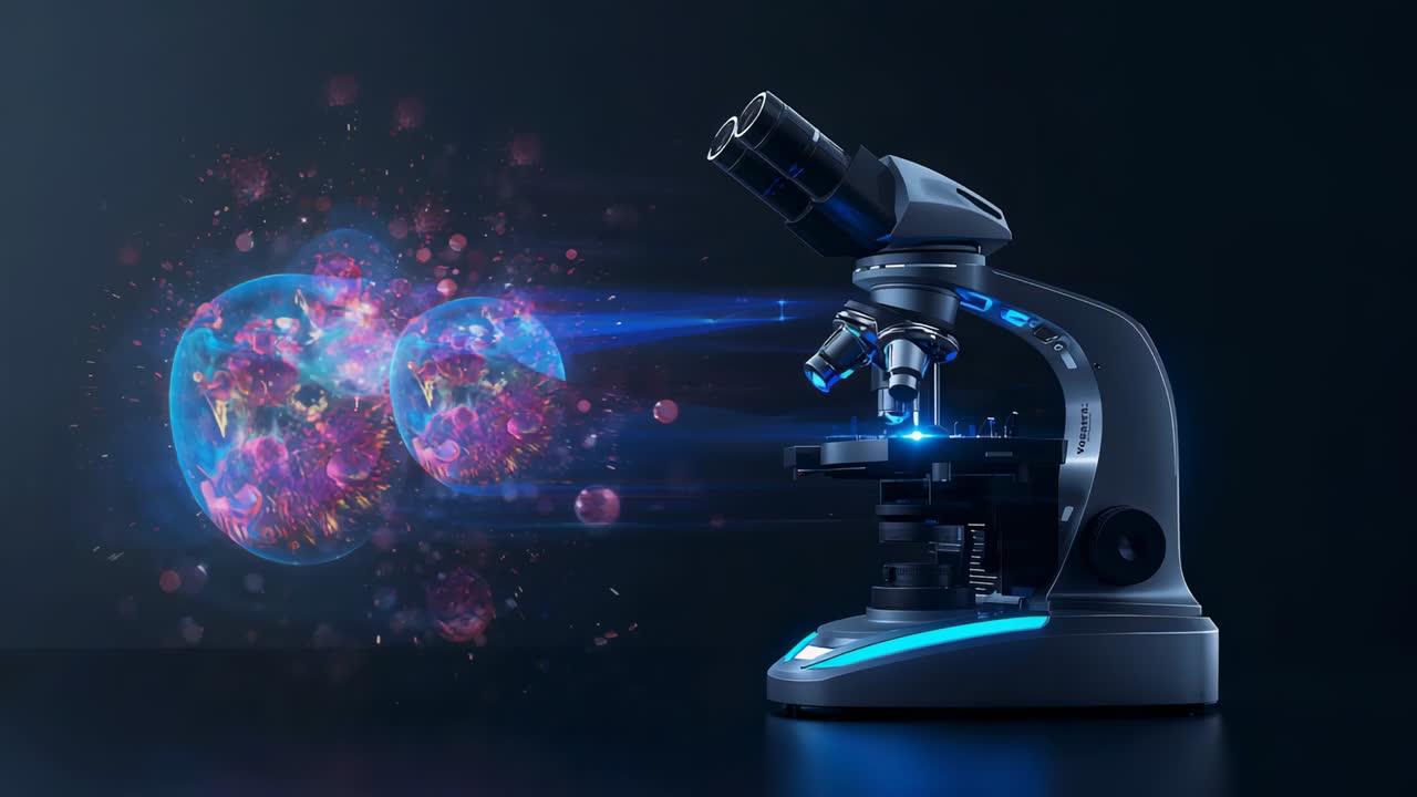 Emitting compound microscope sending blue beam toward hologram spheres at lab bench, showing cells