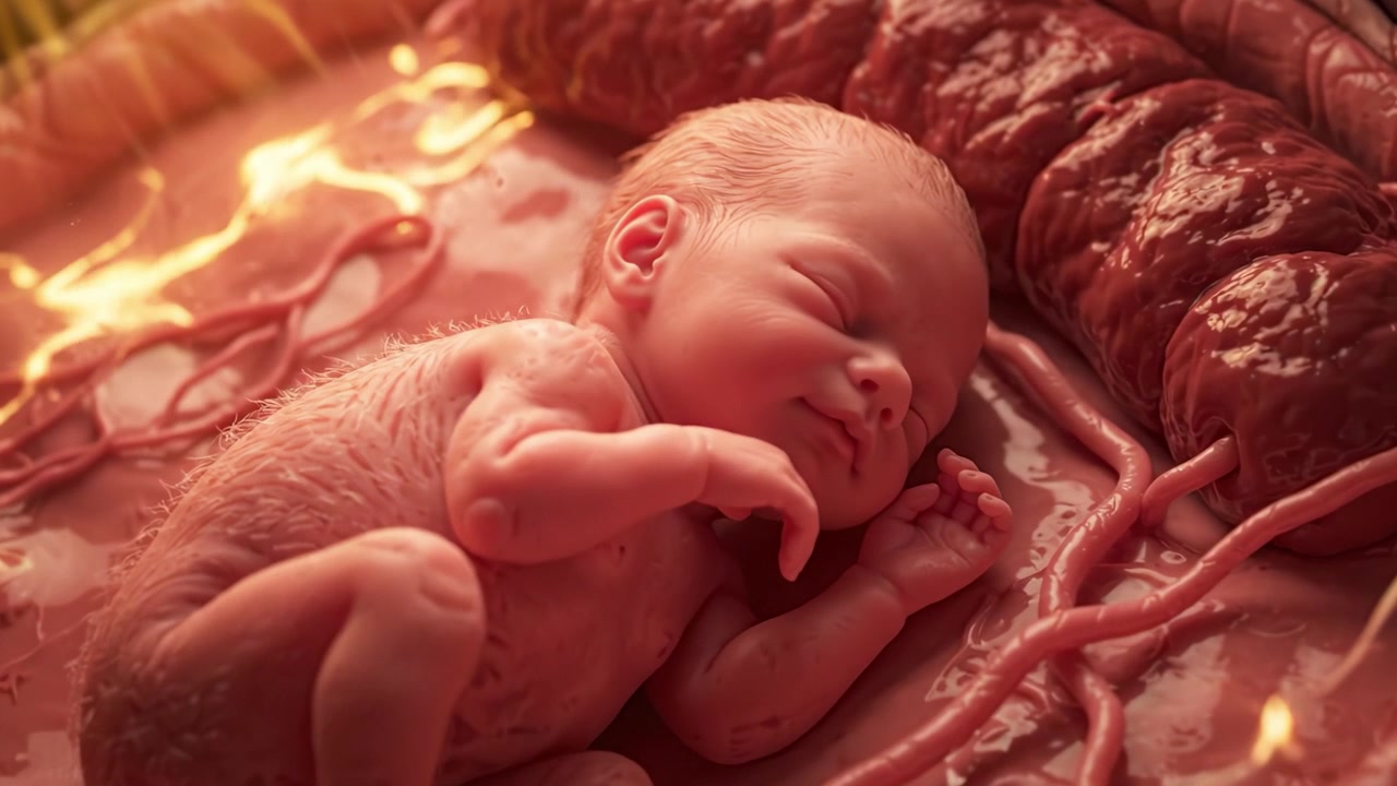 Un bellissimo neonato all'interno dell'utero, circondato dal liquido amniotico e dal cordone ombelicale, che rappresenta il miracolo della vita e i nuovi inizi.