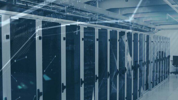 Data processing animation over server racks in modern data center